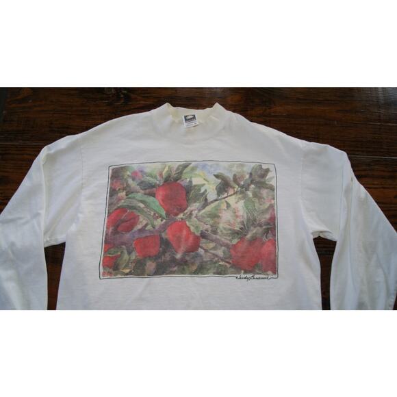 Judy Buswell Apples 90s Long Sleeve Unisex Size Large Mock Neck TShirt White USA - Picture 1 of 9